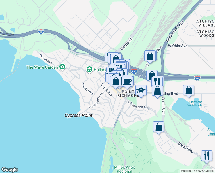 map of restaurants, bars, coffee shops, grocery stores, and more near 216 Washington Avenue in Richmond