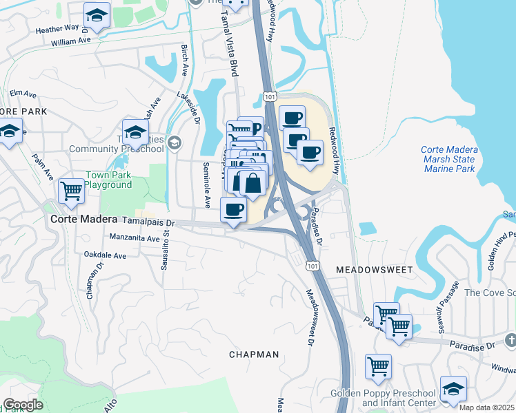 map of restaurants, bars, coffee shops, grocery stores, and more near 770 Tamalpais Drive in Corte Madera