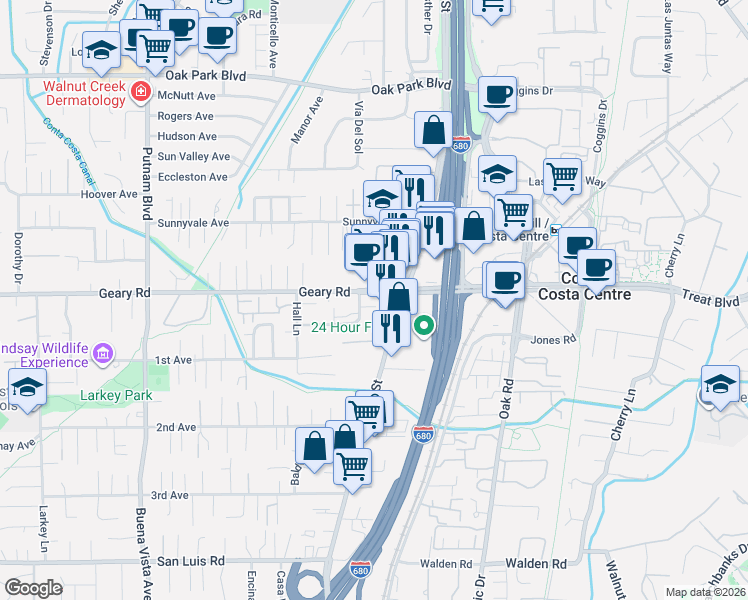 map of restaurants, bars, coffee shops, grocery stores, and more near 1515 Geary Road in Walnut Creek