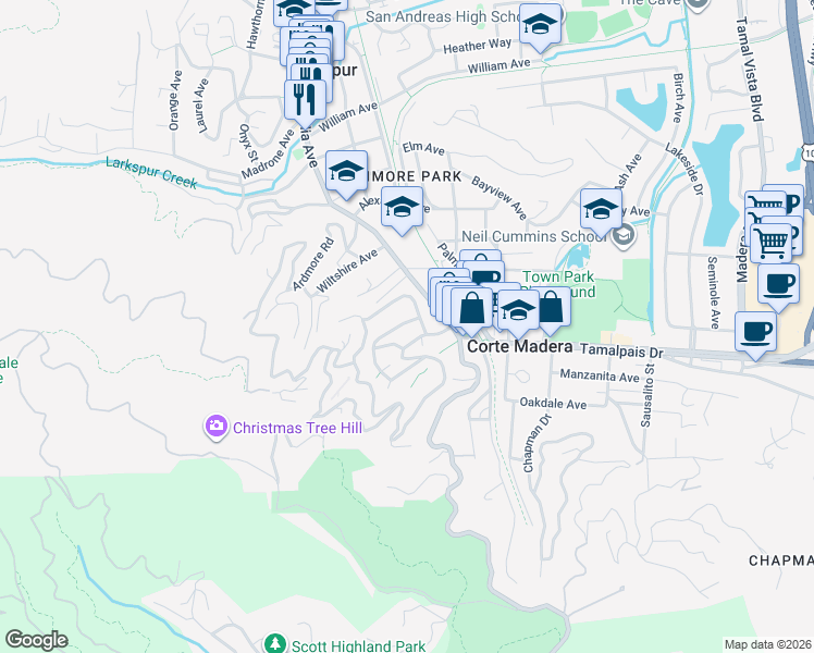 map of restaurants, bars, coffee shops, grocery stores, and more near 19 Crescent Road in Corte Madera