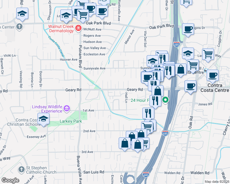 map of restaurants, bars, coffee shops, grocery stores, and more near 1661 Geary Road in Walnut Creek