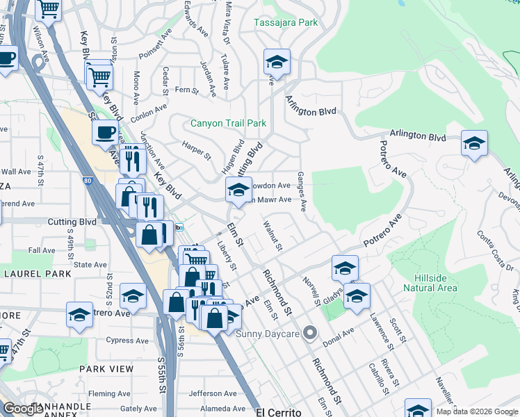 map of restaurants, bars, coffee shops, grocery stores, and more near 1764 Wesley Avenue in El Cerrito