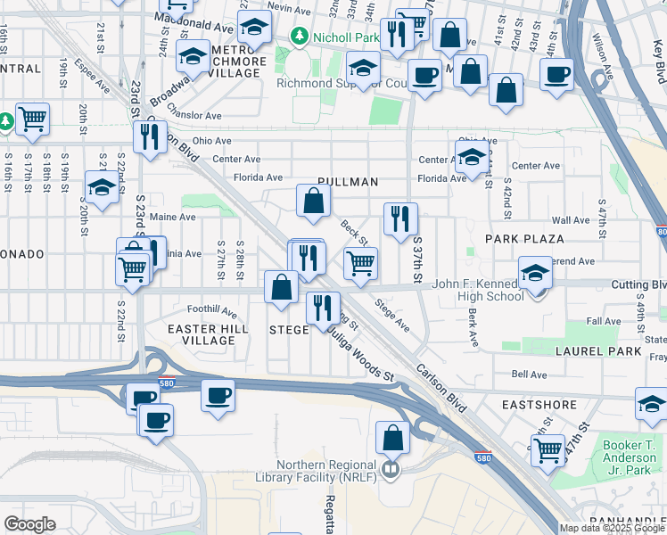 map of restaurants, bars, coffee shops, grocery stores, and more near 410-412 South Street in Richmond