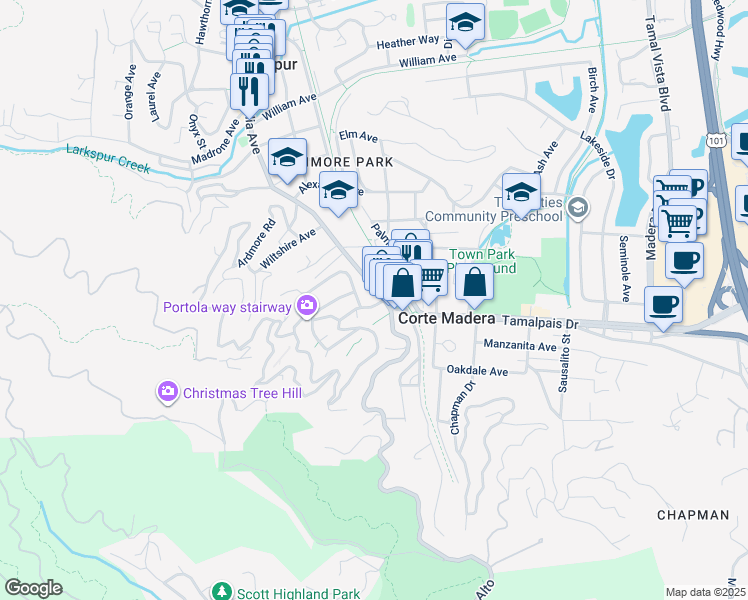 map of restaurants, bars, coffee shops, grocery stores, and more near 137 Corte Madera Avenue in Corte Madera