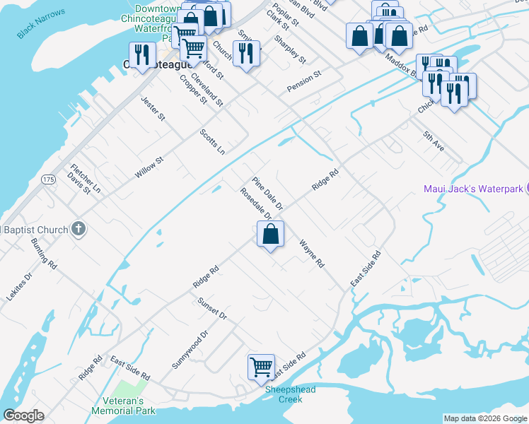 map of restaurants, bars, coffee shops, grocery stores, and more near 6527 Rosedale Drive in Chincoteague Island