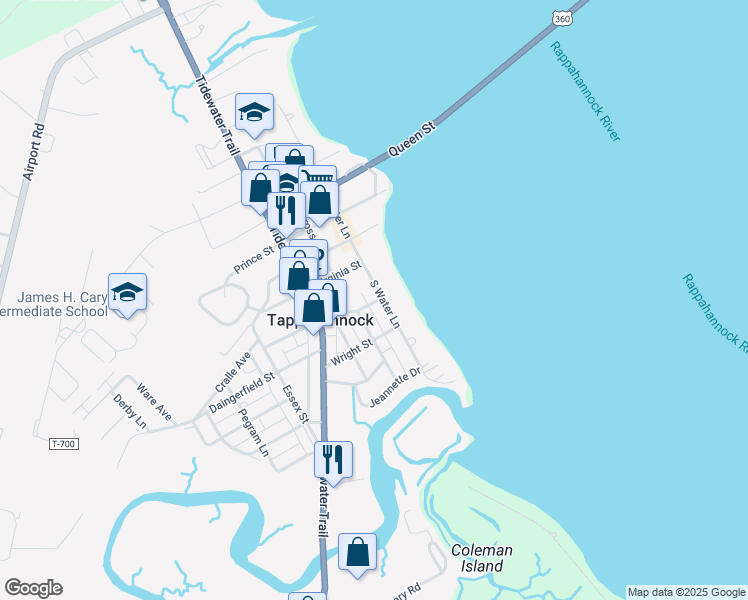 map of restaurants, bars, coffee shops, grocery stores, and more near 537 South Water Lane in Tappahannock