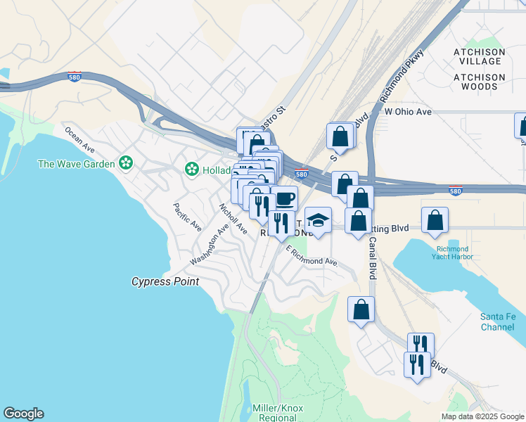 map of restaurants, bars, coffee shops, grocery stores, and more near 157 Park Place in Richmond