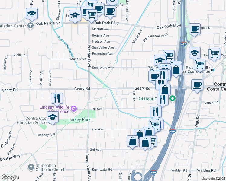 map of restaurants, bars, coffee shops, grocery stores, and more near 1773 Geary Road in Walnut Creek