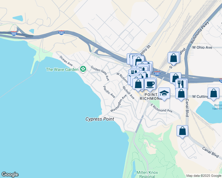 map of restaurants, bars, coffee shops, grocery stores, and more near 245 Water Street in Richmond