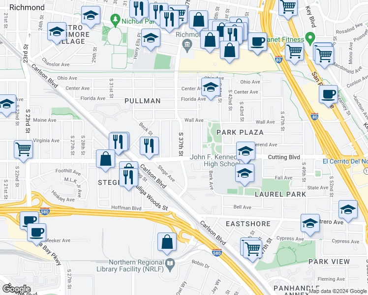 map of restaurants, bars, coffee shops, grocery stores, and more near 412 South 37th Street in Richmond