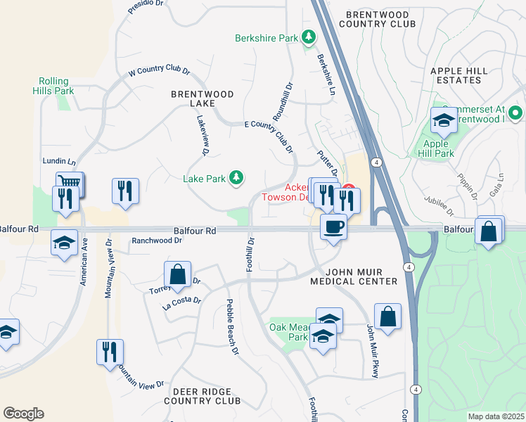 map of restaurants, bars, coffee shops, grocery stores, and more near 81 Palm Drive in Brentwood