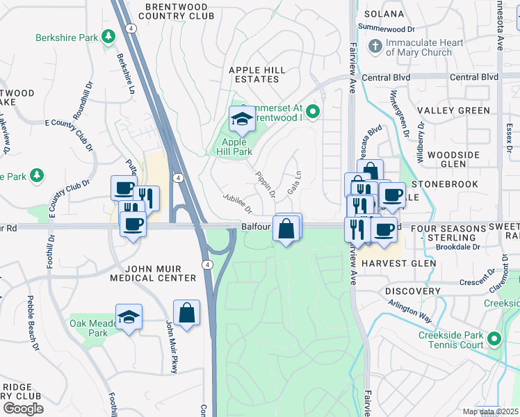 map of restaurants, bars, coffee shops, grocery stores, and more near 97 Scarlet Way in Brentwood