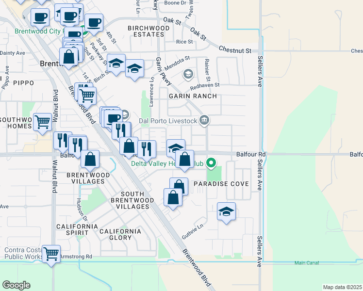 map of restaurants, bars, coffee shops, grocery stores, and more near 1100 Orange Court in Brentwood