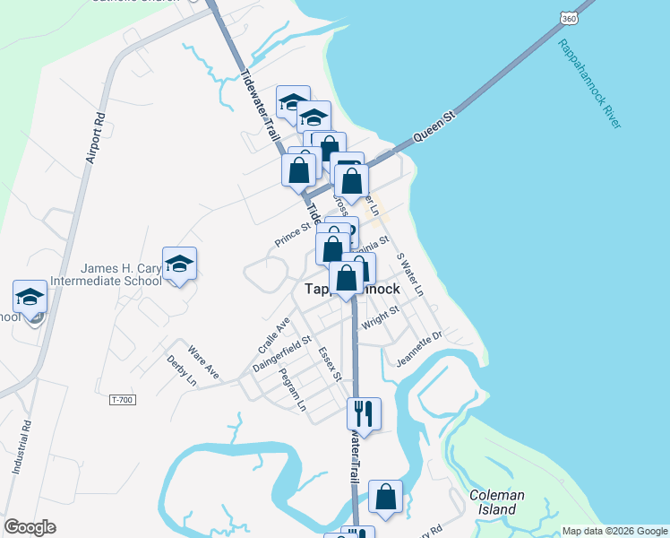 map of restaurants, bars, coffee shops, grocery stores, and more near 501 North Church Lane in Tappahannock