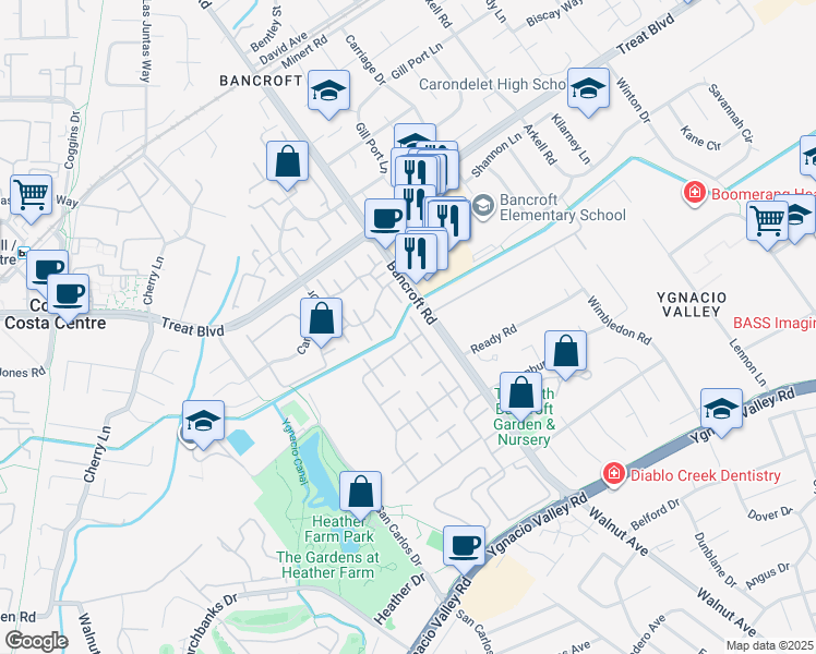 map of restaurants, bars, coffee shops, grocery stores, and more near 674 Saint Ives Court in Walnut Creek