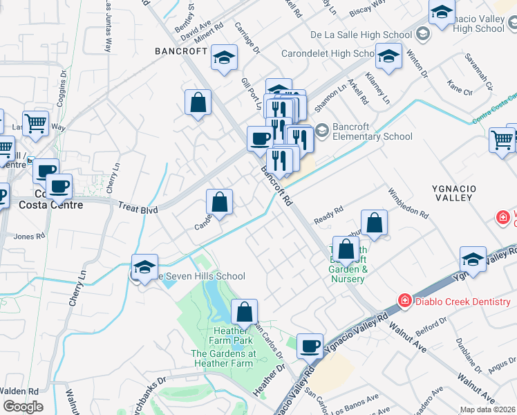 map of restaurants, bars, coffee shops, grocery stores, and more near 1930 Pomar Way in Walnut Creek