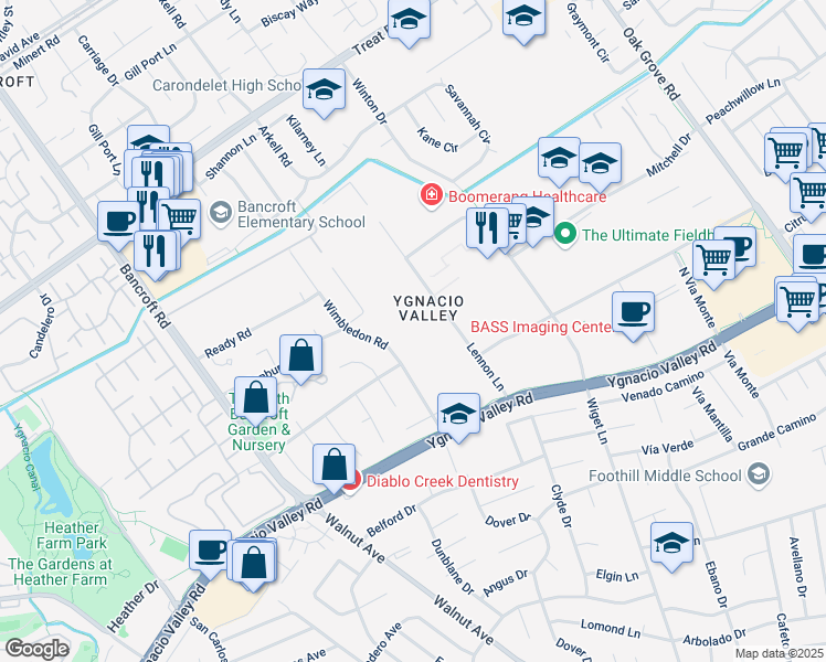 map of restaurants, bars, coffee shops, grocery stores, and more near 428 Wimbledon Road in Walnut Creek