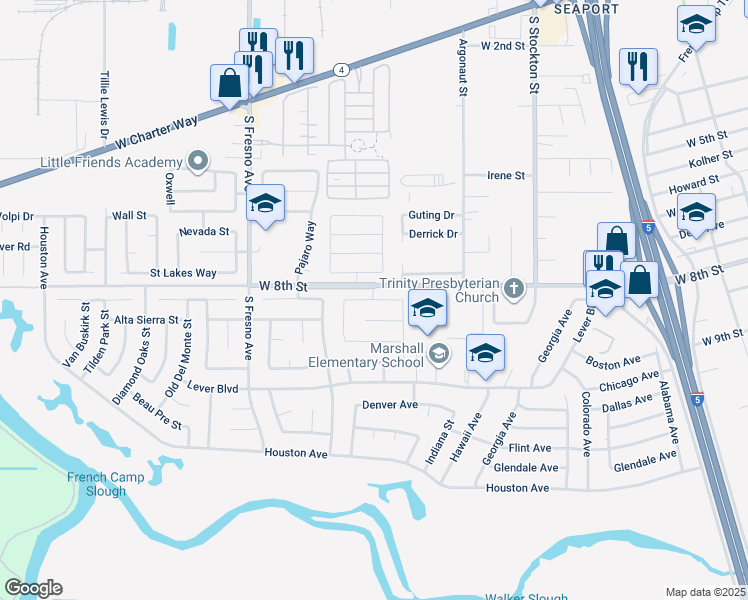 map of restaurants, bars, coffee shops, grocery stores, and more near 1401 Laguna Circle in Stockton