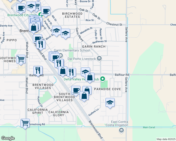 map of restaurants, bars, coffee shops, grocery stores, and more near 1100 Orange Court in Brentwood