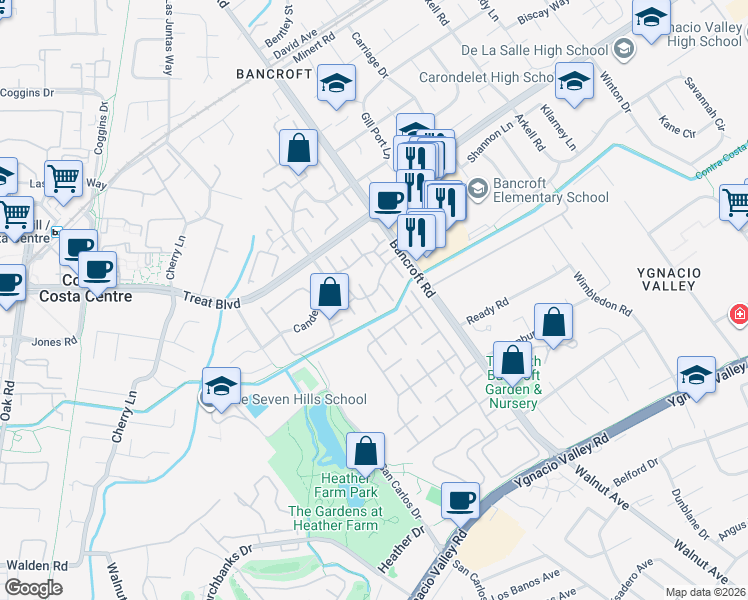 map of restaurants, bars, coffee shops, grocery stores, and more near 1910 Pomar Way in Walnut Creek