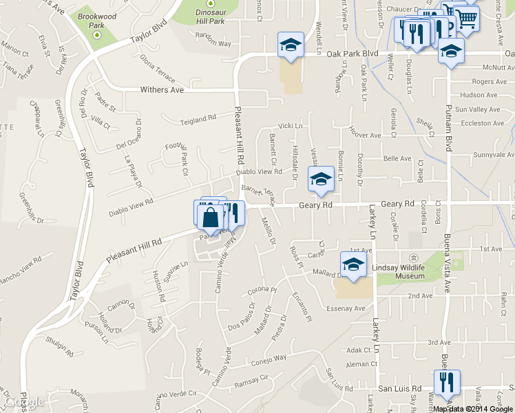 map of restaurants, bars, coffee shops, grocery stores, and more near 2211 Geary Road in Walnut Creek