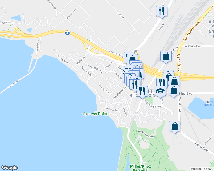 map of restaurants, bars, coffee shops, grocery stores, and more near 240 Water Street in Richmond