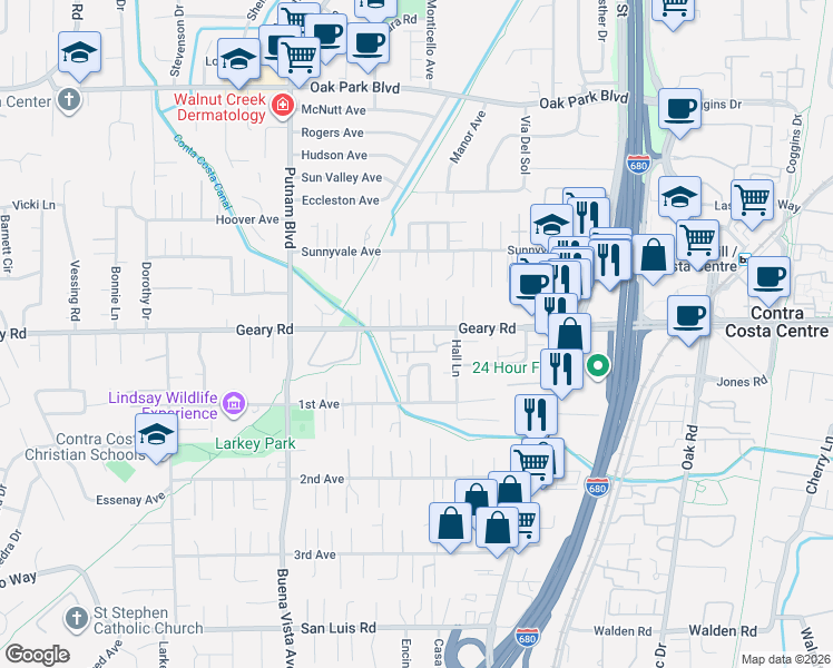 map of restaurants, bars, coffee shops, grocery stores, and more near 1661 Geary Road in Walnut Creek