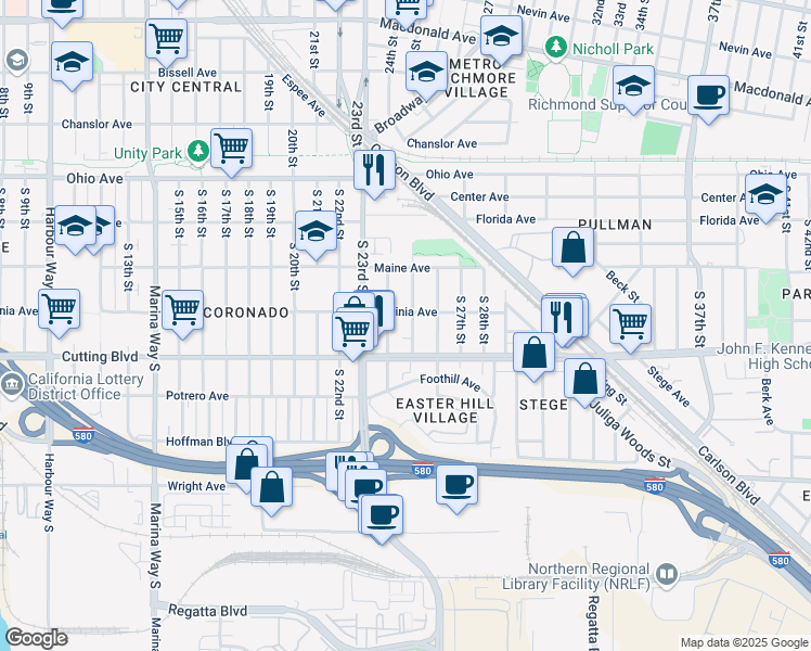 map of restaurants, bars, coffee shops, grocery stores, and more near 425 South 25th Street in Richmond