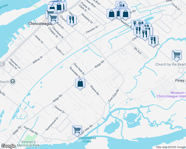 map of restaurants, bars, coffee shops, grocery stores, and more near 4309-4327 Ridge Road in Chincoteague Island