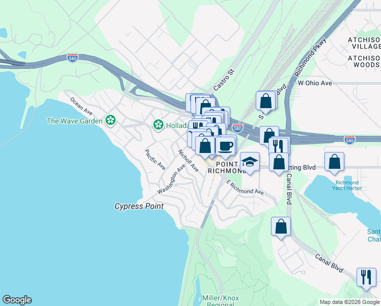 map of restaurants, bars, coffee shops, grocery stores, and more near 216 Washington Avenue in Richmond