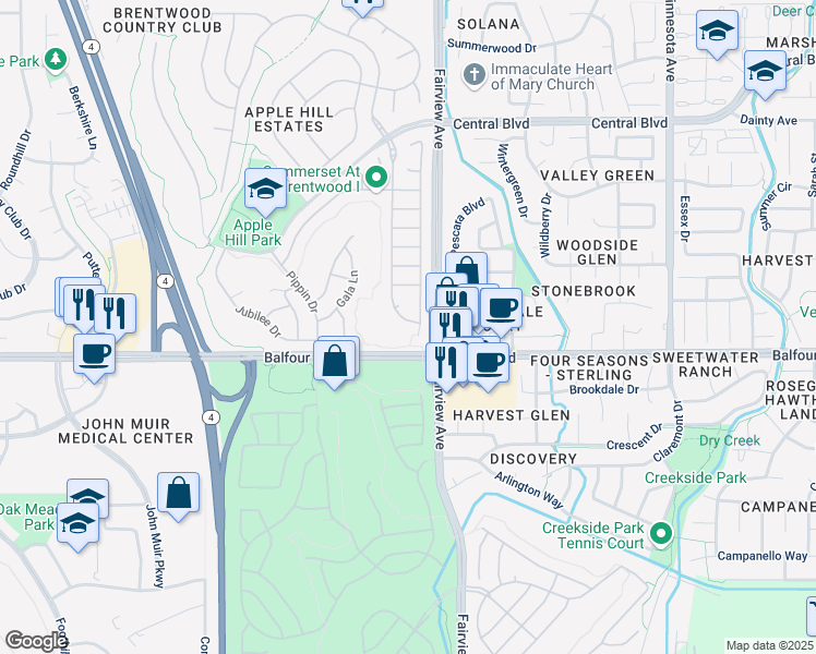 map of restaurants, bars, coffee shops, grocery stores, and more near 75 Apple Hill Dr in Brentwood
