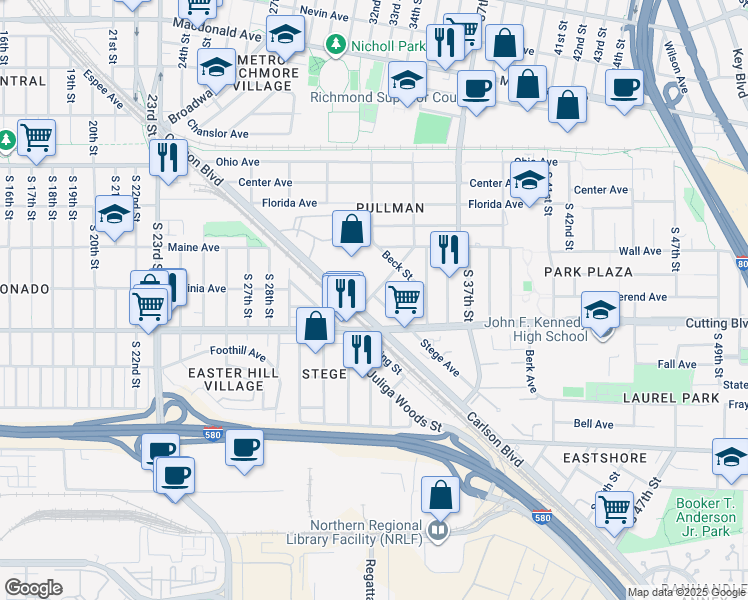 map of restaurants, bars, coffee shops, grocery stores, and more near 400 South Street in Richmond