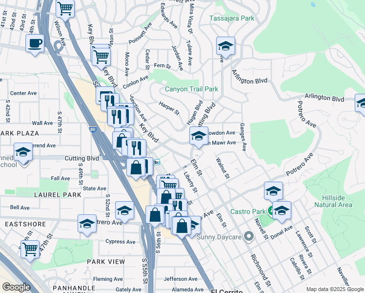map of restaurants, bars, coffee shops, grocery stores, and more near 6626 Cutting Boulevard in El Cerrito