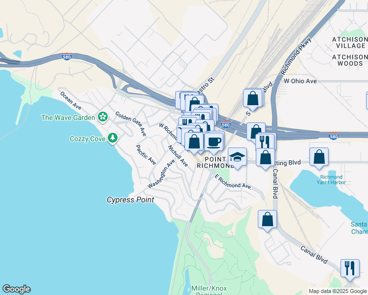 map of restaurants, bars, coffee shops, grocery stores, and more near 218 Washington Avenue in Richmond