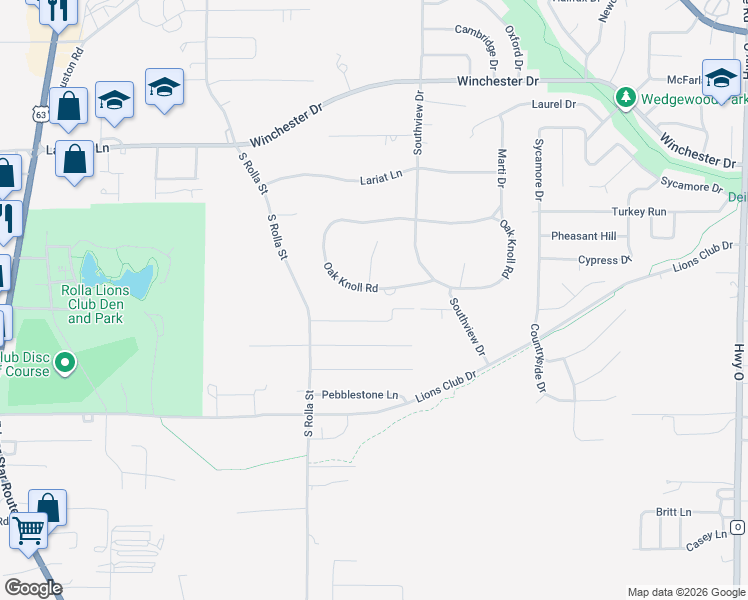 map of restaurants, bars, coffee shops, grocery stores, and more near 301 Sooter Lane in Rolla