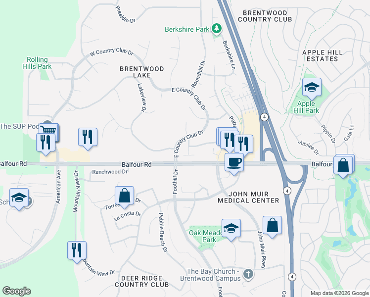 map of restaurants, bars, coffee shops, grocery stores, and more near 83 Palm Drive in Brentwood