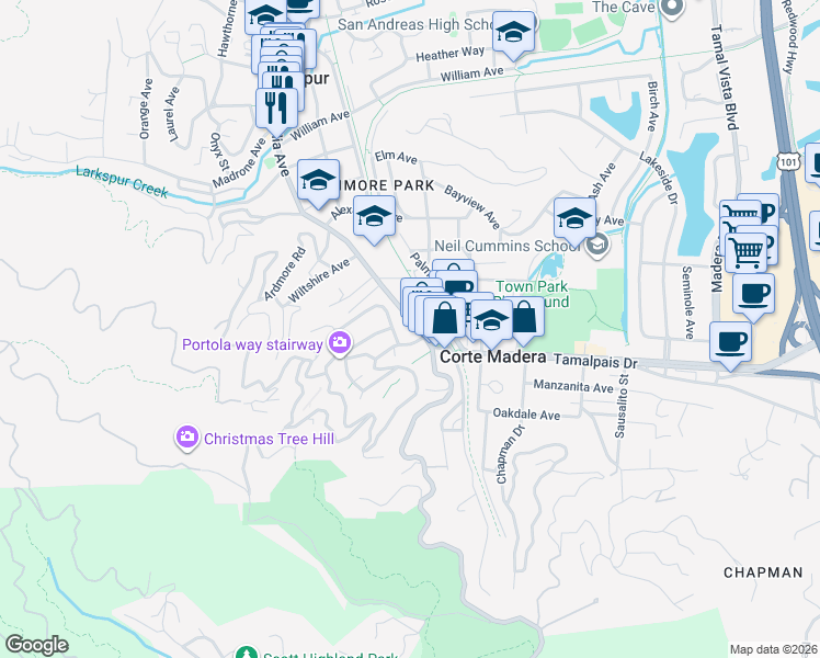 map of restaurants, bars, coffee shops, grocery stores, and more near 103 Corte Madera Avenue in Corte Madera