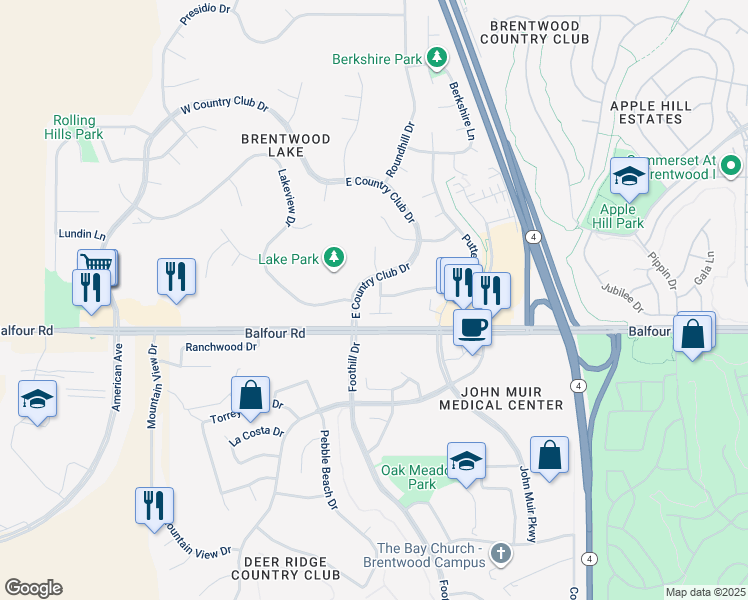 map of restaurants, bars, coffee shops, grocery stores, and more near 83 Palm Drive in Brentwood