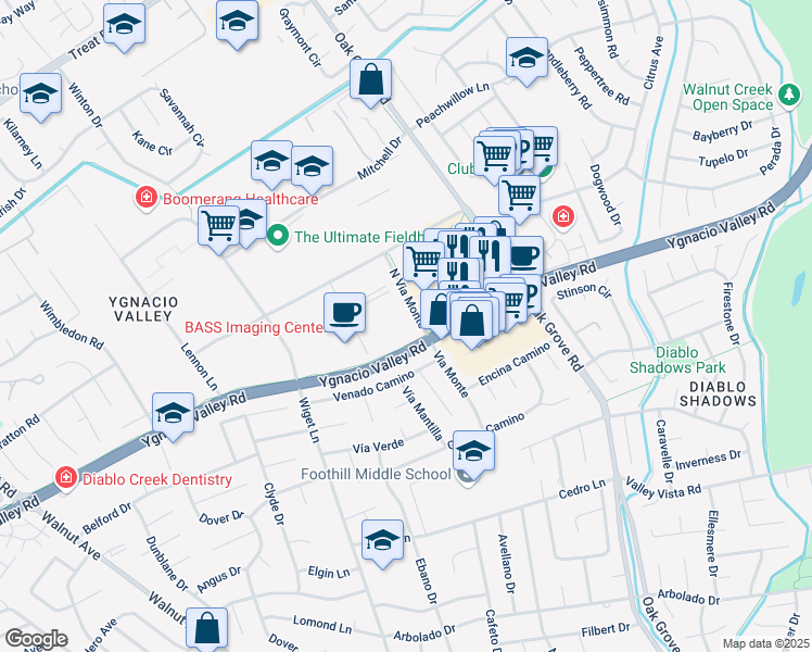 map of restaurants, bars, coffee shops, grocery stores, and more near in Walnut Creek