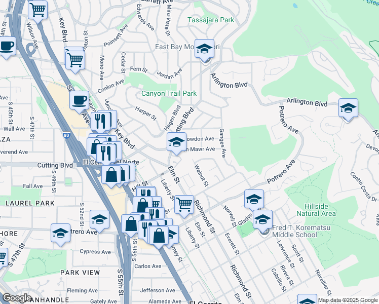 map of restaurants, bars, coffee shops, grocery stores, and more near 6762 Glen Mawr Avenue in El Cerrito
