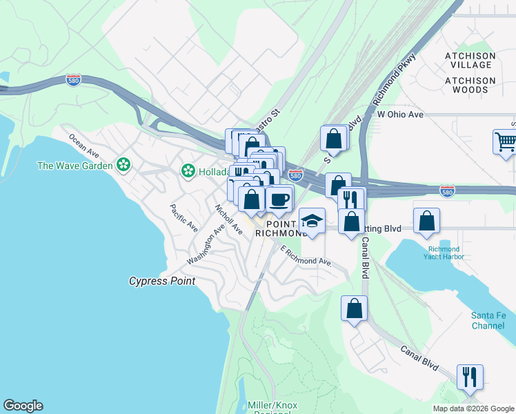 map of restaurants, bars, coffee shops, grocery stores, and more near 157 Park Place in Richmond