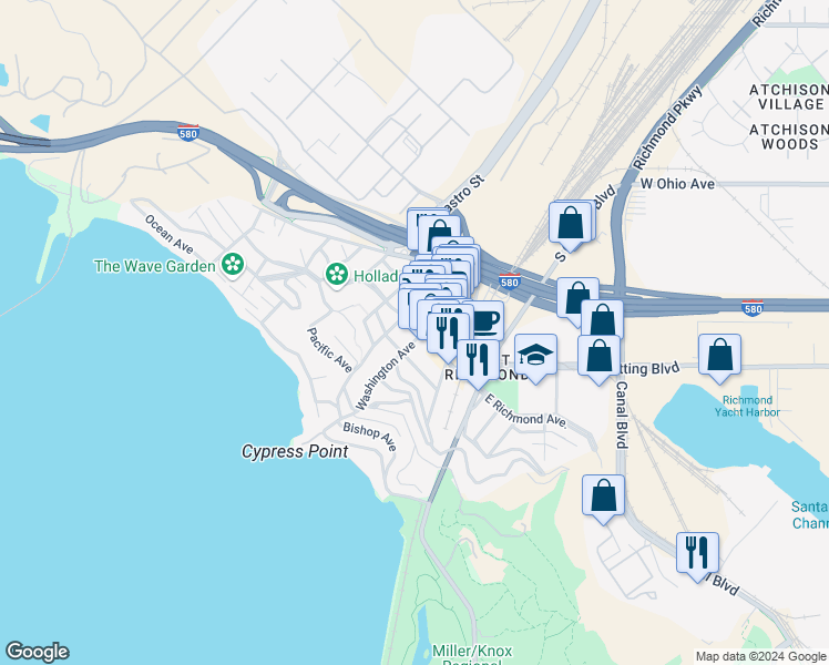 map of restaurants, bars, coffee shops, grocery stores, and more near 201 West Richmond Avenue in Richmond