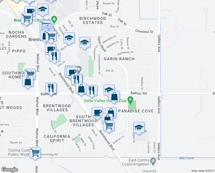 map of restaurants, bars, coffee shops, grocery stores, and more near 581 Orange Court in Brentwood