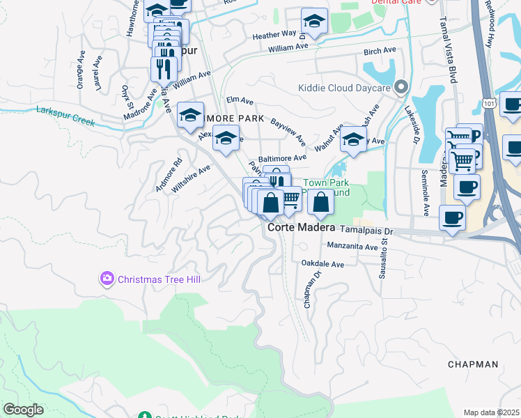 map of restaurants, bars, coffee shops, grocery stores, and more near 137 Corte Madera Avenue in Corte Madera