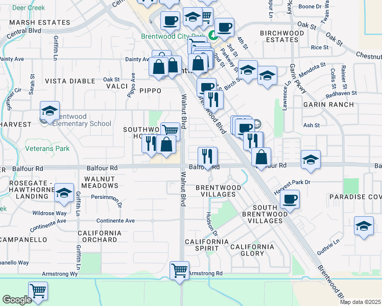 map of restaurants, bars, coffee shops, grocery stores, and more near 4603 Balfour Road in Brentwood