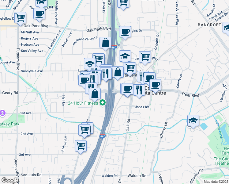 map of restaurants, bars, coffee shops, grocery stores, and more near Treat Blvd & Buskirk Ave in Walnut Creek