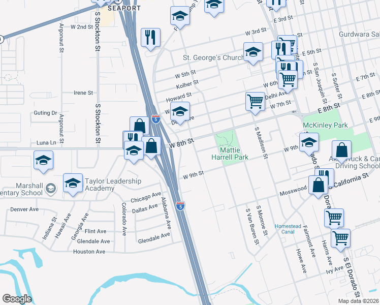 map of restaurants, bars, coffee shops, grocery stores, and more near 2305 South Harrison Street in Stockton