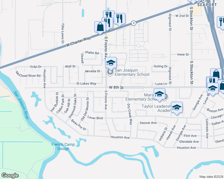 map of restaurants, bars, coffee shops, grocery stores, and more near 1758 Willow Park Way in Stockton