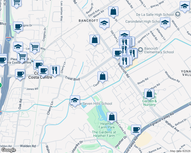 map of restaurants, bars, coffee shops, grocery stores, and more near 120 Northcreek Circle in Walnut Creek