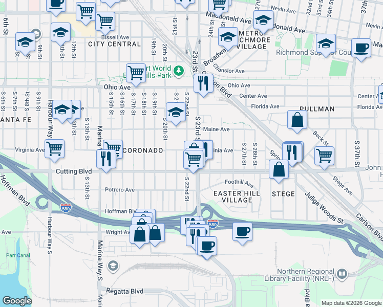map of restaurants, bars, coffee shops, grocery stores, and more near 430 South 23rd Street in Richmond